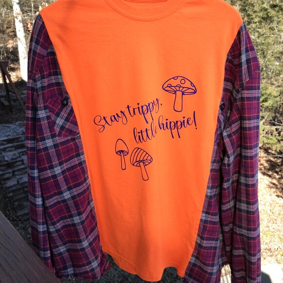 Reworked Flannel Tee, Plus Size: Upcycled Oversized Hippie Shirt, Mushrooms - Picture 5 of 11